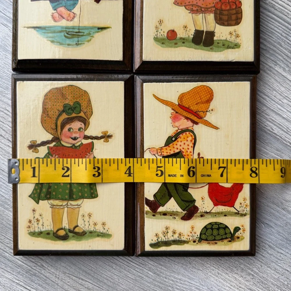 Vintage Ardi Wooden Plaques Set of 4 Country Kids Wall Art 4x6 Grannycore Decor